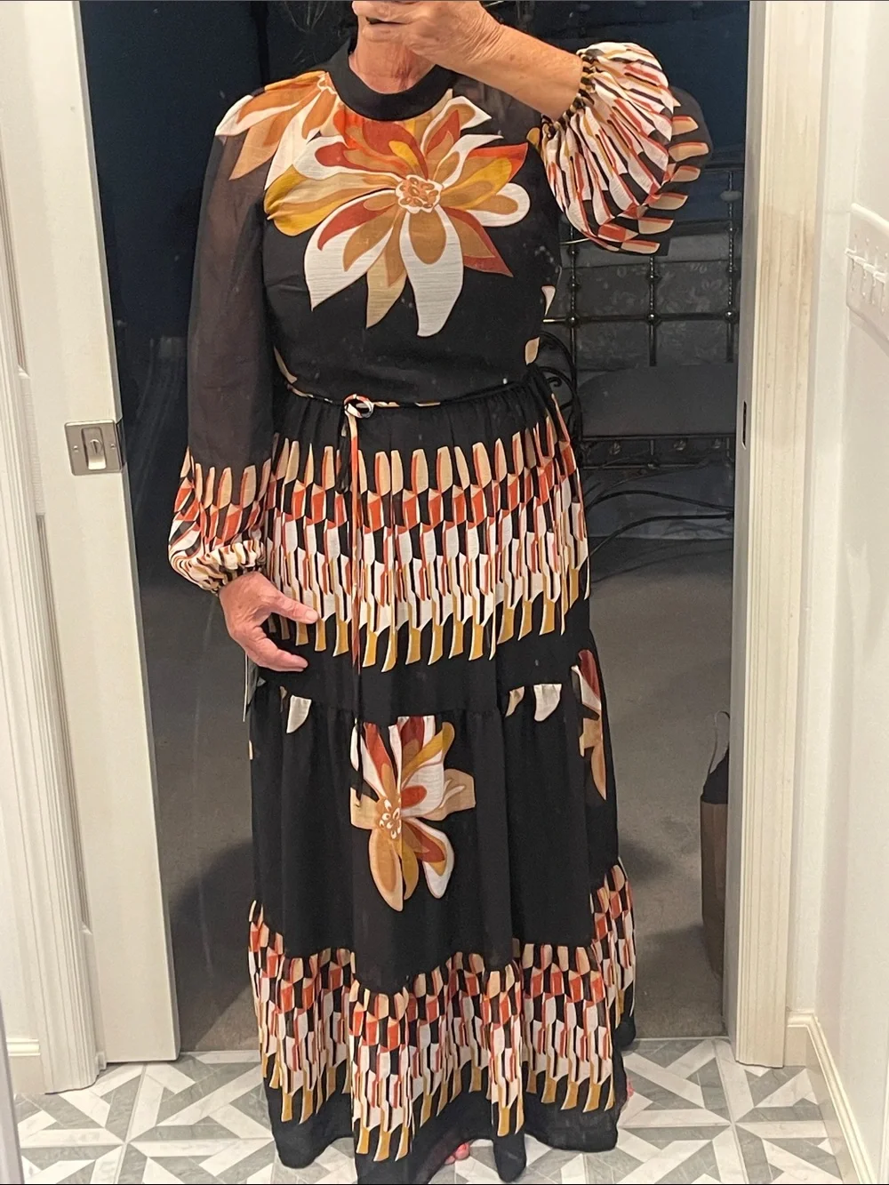 Maison Tara NWT Black Maxi Dress with Mustard, Rust & Cream Floral Accents - Picture 4 of 10